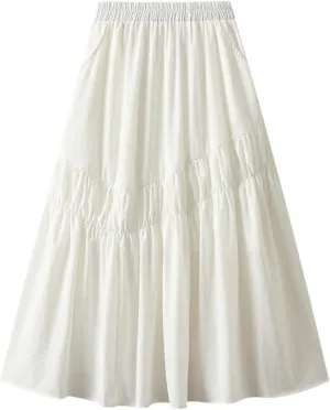 Midi Skirts for Women, Ruffle Pleated Elastic Waist Knee Length Solid Color Skirt Trendy Casual Loose Cute Skirt