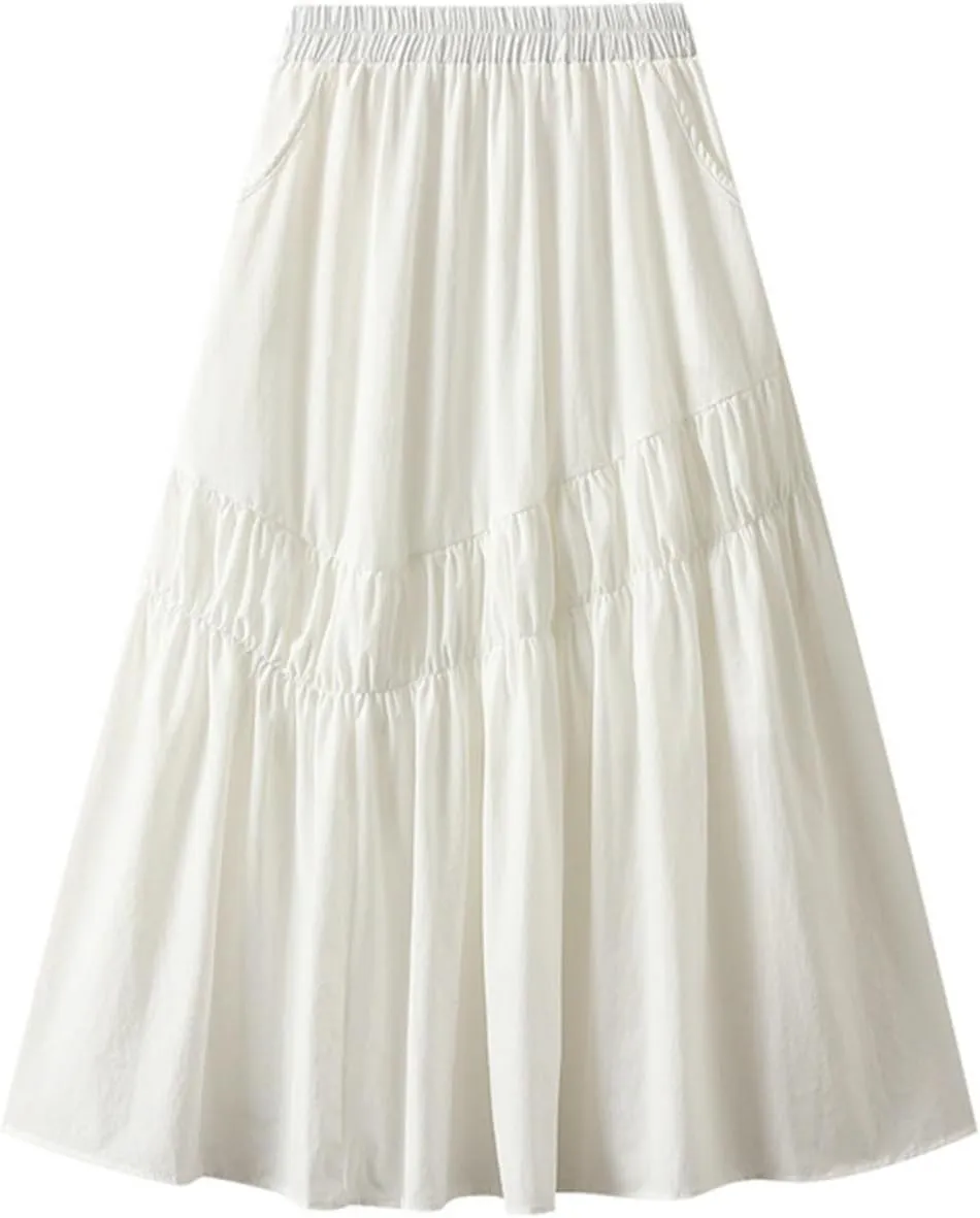 Midi Skirts for Women, Ruffle Pleated Elastic Waist Knee Length Solid Color Skirt Trendy Casual Loose Cute Skirt