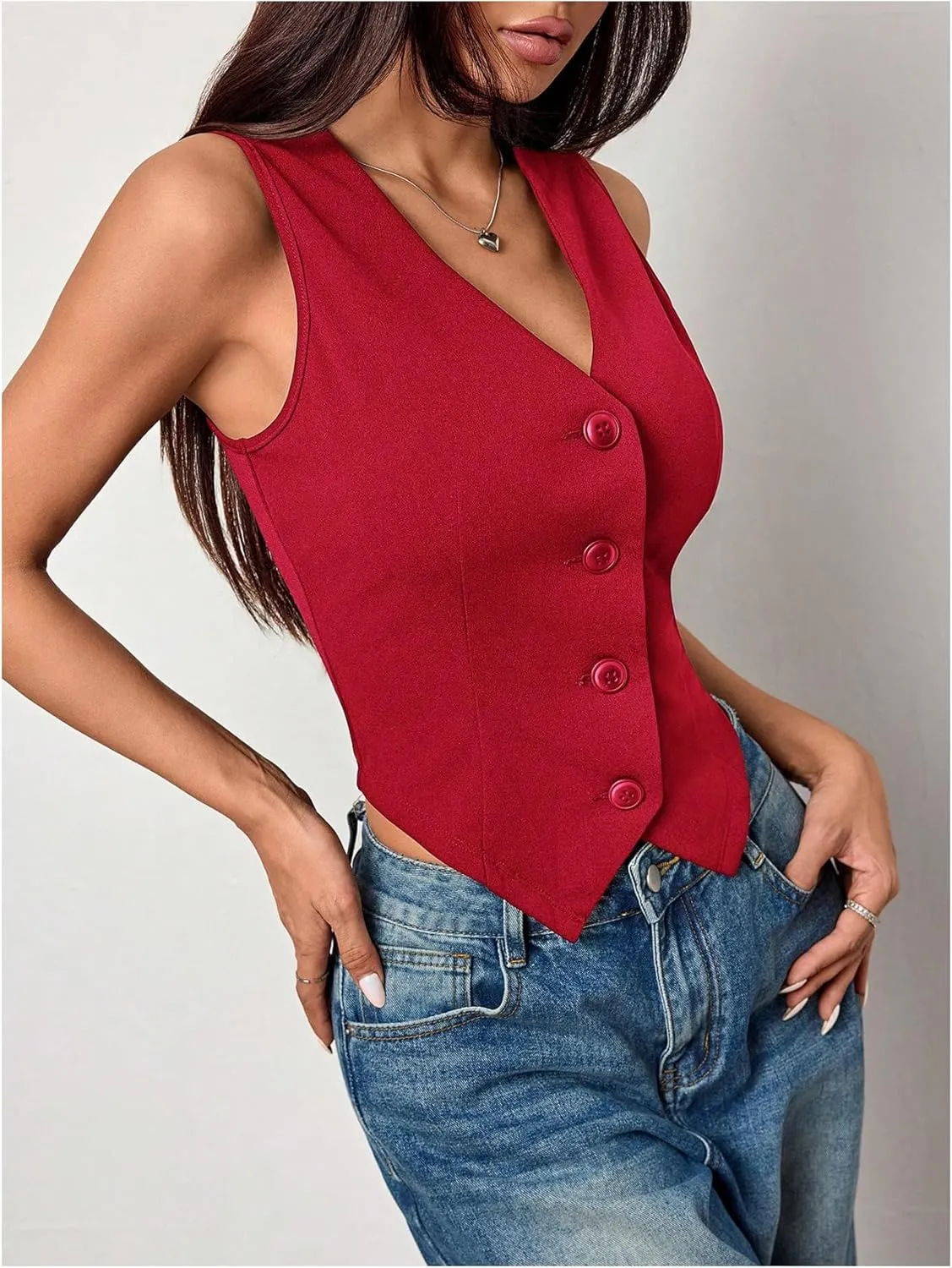 Milumia Women's Button Front Blazer Vest Sleeveless V Neck Asymmetrical Hem Tank Tops