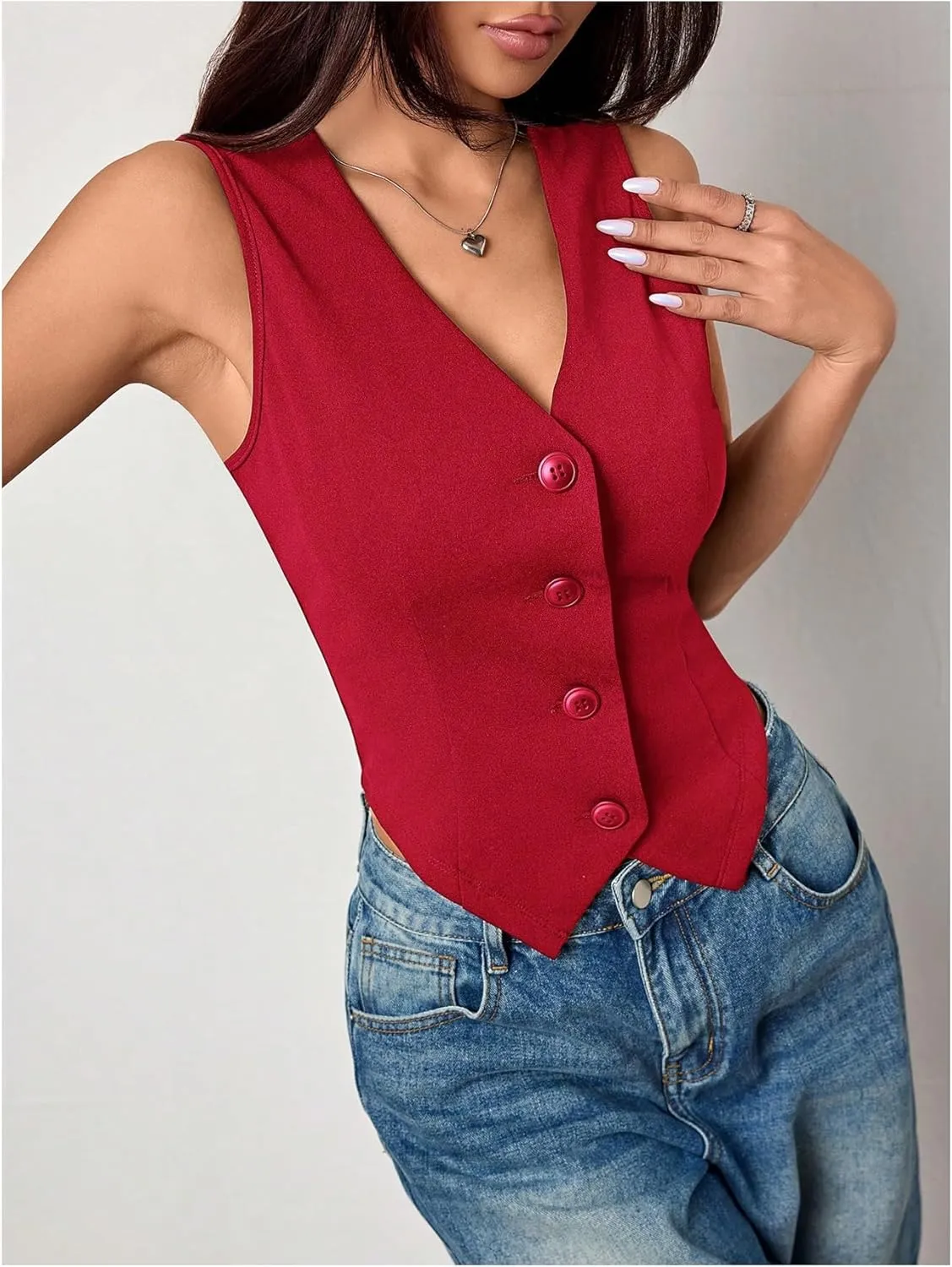 Milumia Women's Button Front Blazer Vest Sleeveless V Neck Asymmetrical Hem Tank Tops