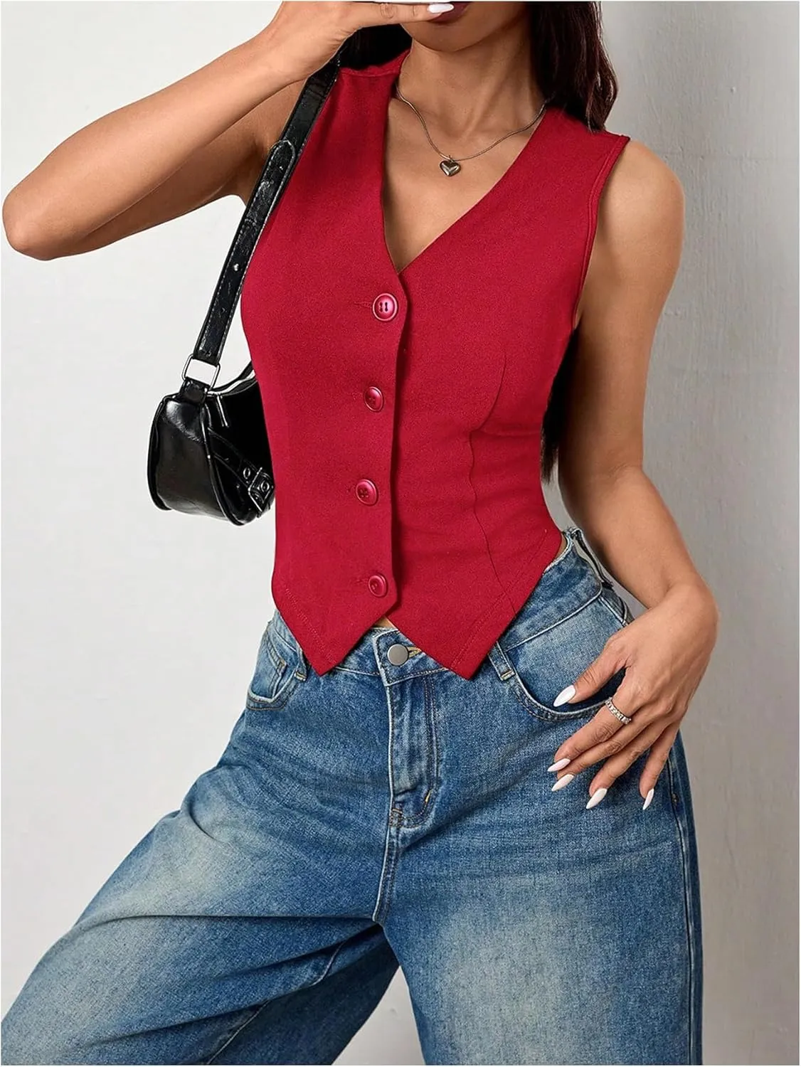 Milumia Women's Button Front Blazer Vest Sleeveless V Neck Asymmetrical Hem Tank Tops