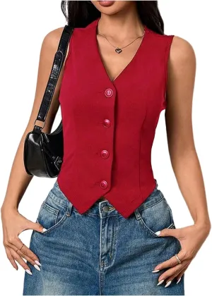 Milumia Women's Button Front Blazer Vest Sleeveless V Neck Asymmetrical Hem Tank Tops