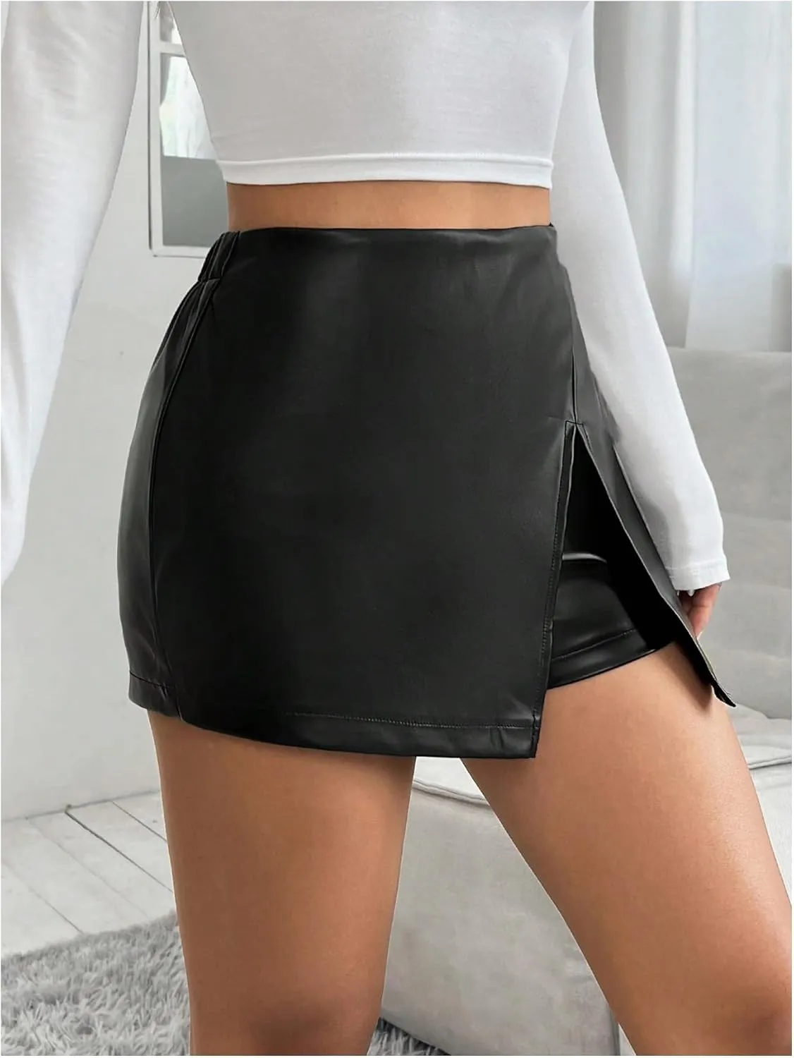Milumia Women's Pu Leather Shorts High Waisted Split Front Leather Skorts