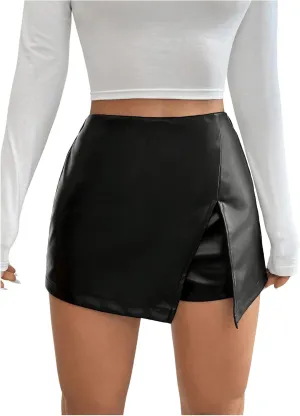 Milumia Women's Pu Leather Shorts High Waisted Split Front Leather Skorts