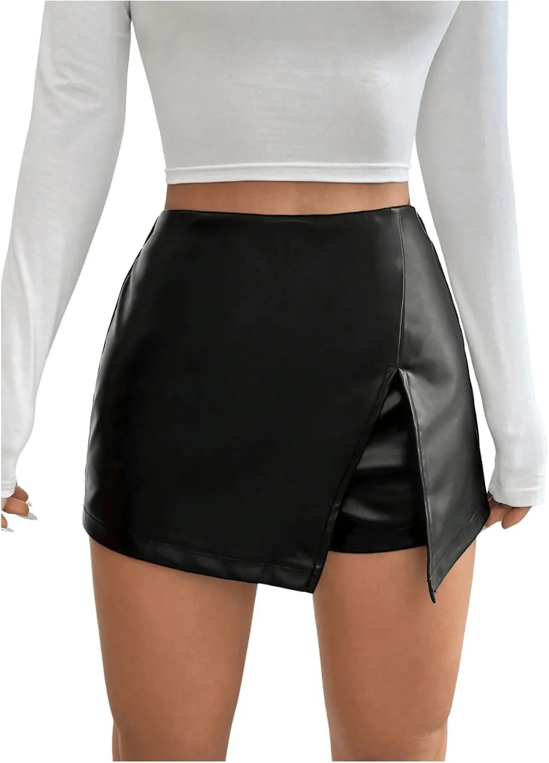 Milumia Women's Pu Leather Shorts High Waisted Split Front Leather Skorts