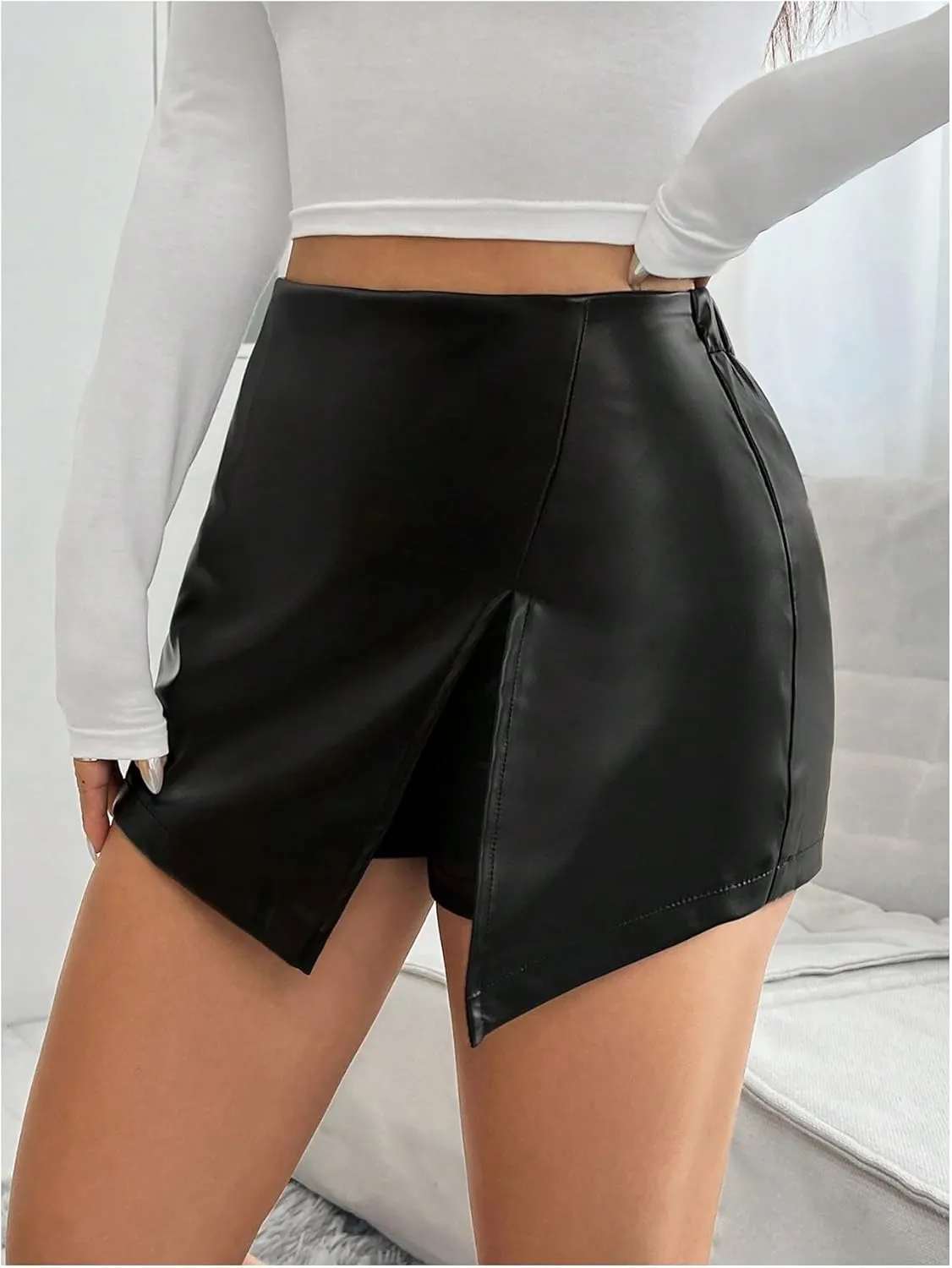 Milumia Women's Pu Leather Shorts High Waisted Split Front Leather Skorts