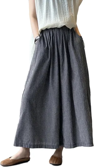 Minibee Women's Linen Palazzo Pants Casual Wide Leg Gingham Pant Boho Plaid Loose Trousers with Pockets