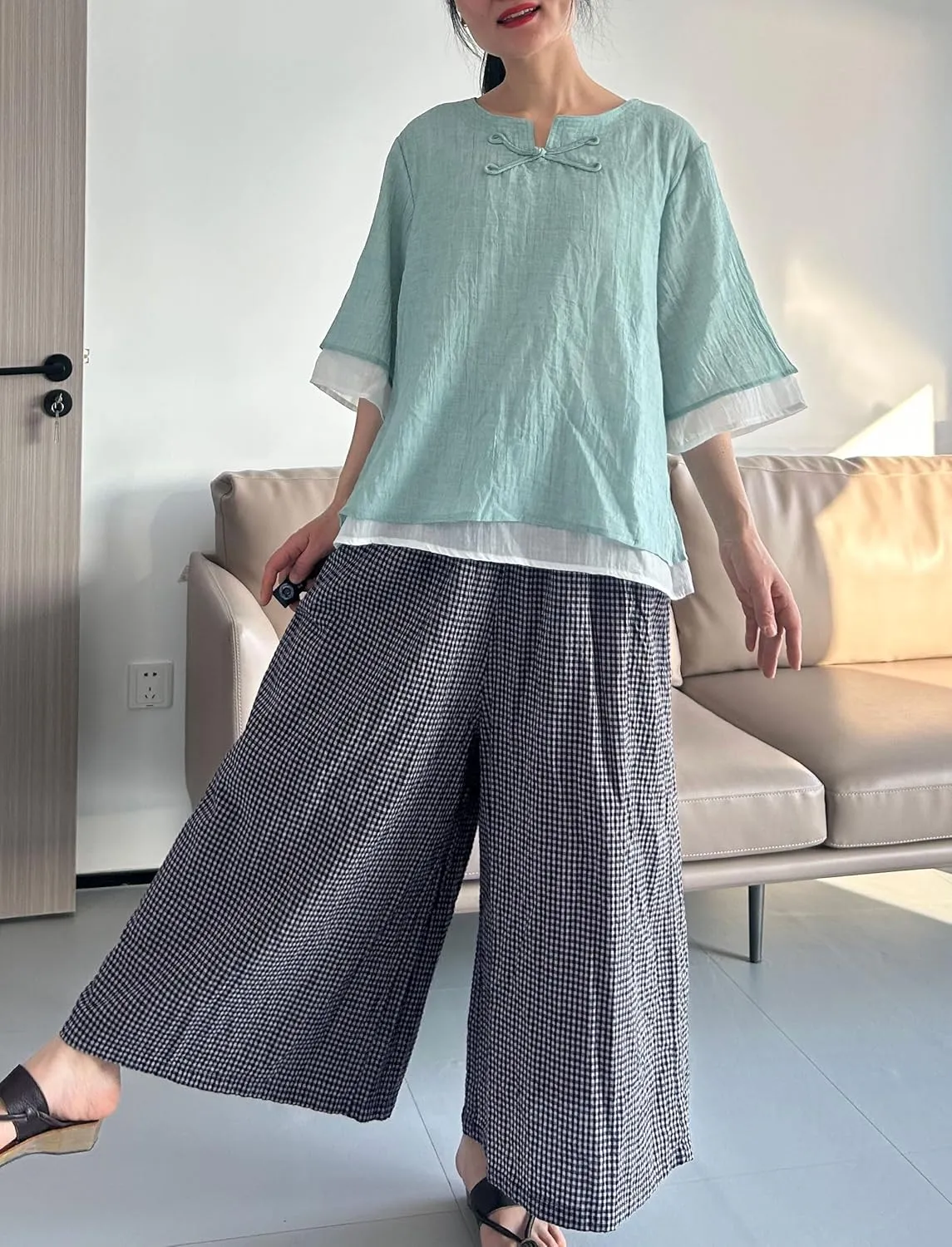 Minibee Women's Linen Palazzo Pants Casual Wide Leg Gingham Pant Boho Plaid Loose Trousers with Pockets
