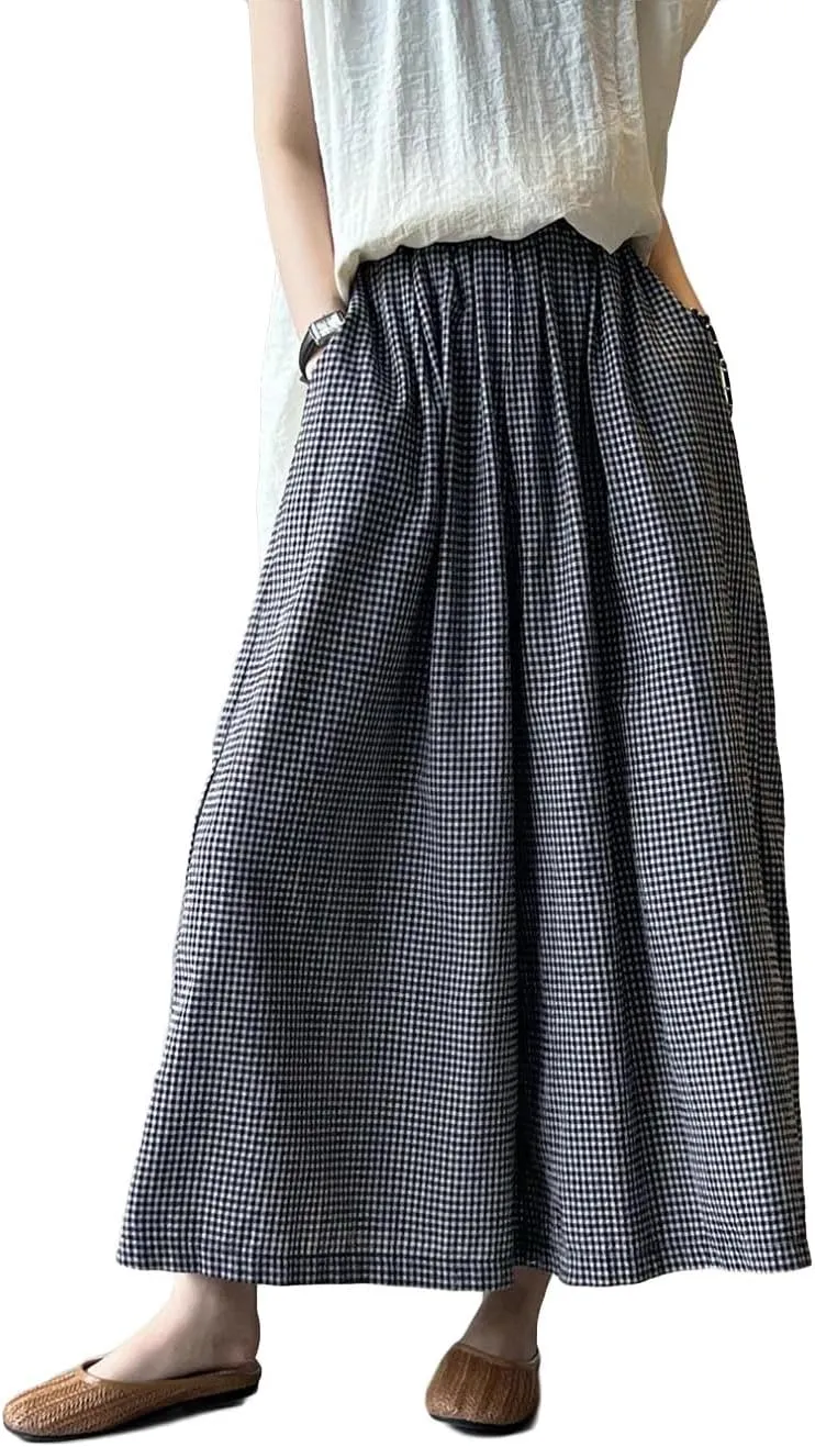 Minibee Women's Linen Palazzo Pants Casual Wide Leg Gingham Pant Boho Plaid Loose Trousers with Pockets