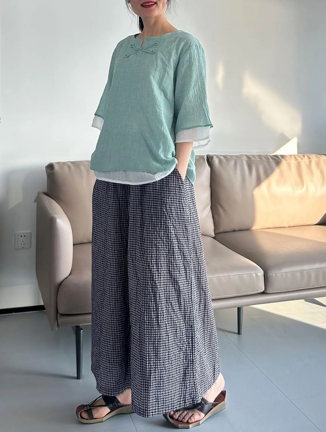 Minibee Women's Linen Palazzo Pants Casual Wide Leg Gingham Pant Boho Plaid Loose Trousers with Pockets