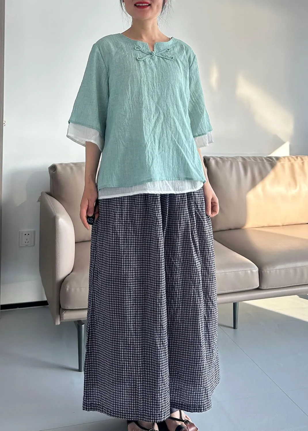 Minibee Women's Linen Palazzo Pants Casual Wide Leg Gingham Pant Boho Plaid Loose Trousers with Pockets