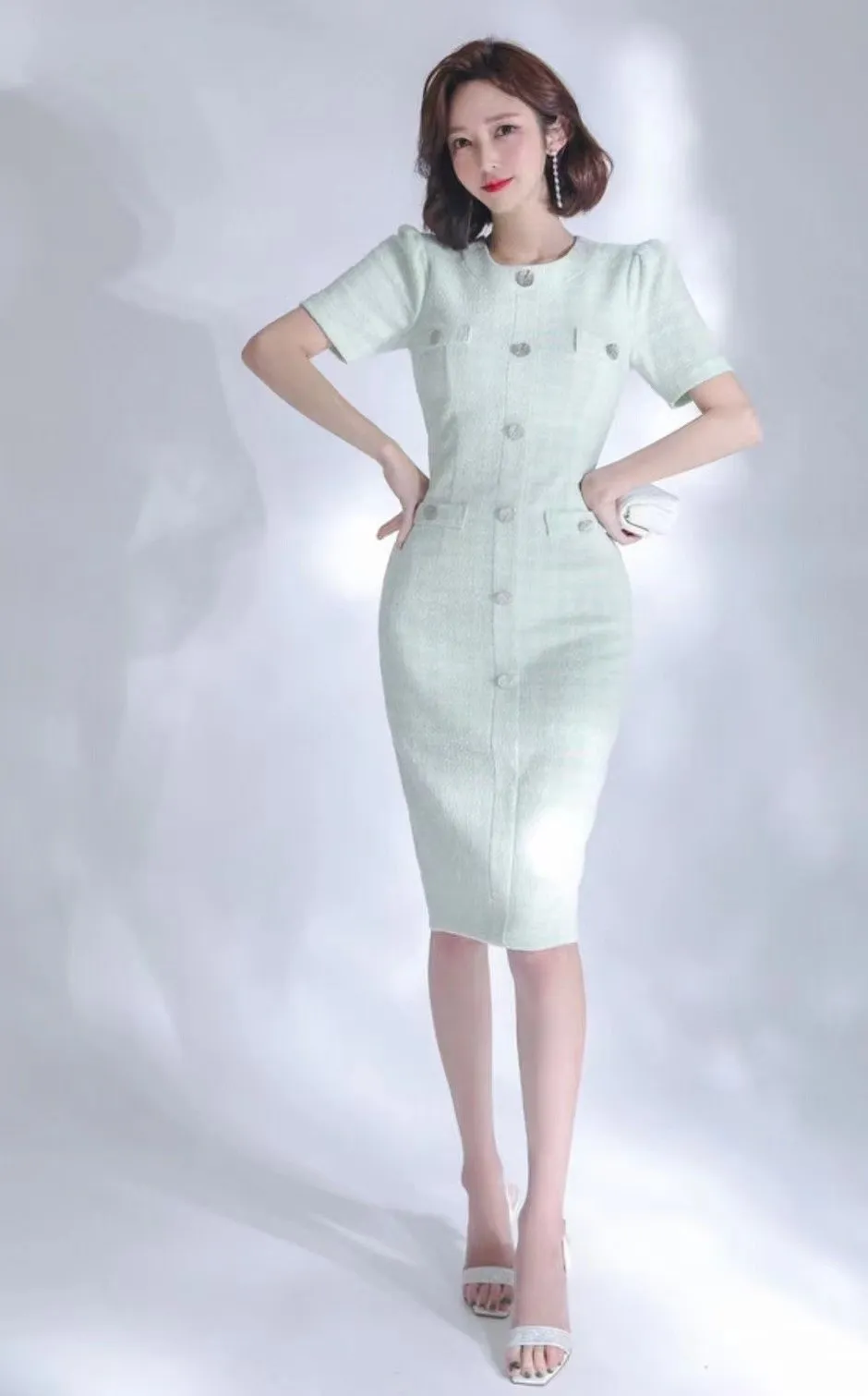 Mint Plaid Silver Button Midi Dress
