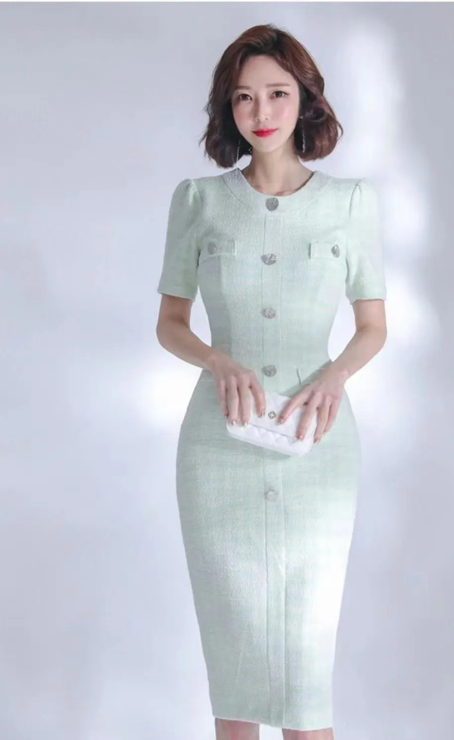 Mint Plaid Silver Button Midi Dress
