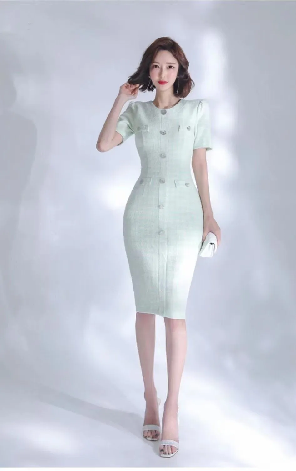 Mint Plaid Silver Button Midi Dress