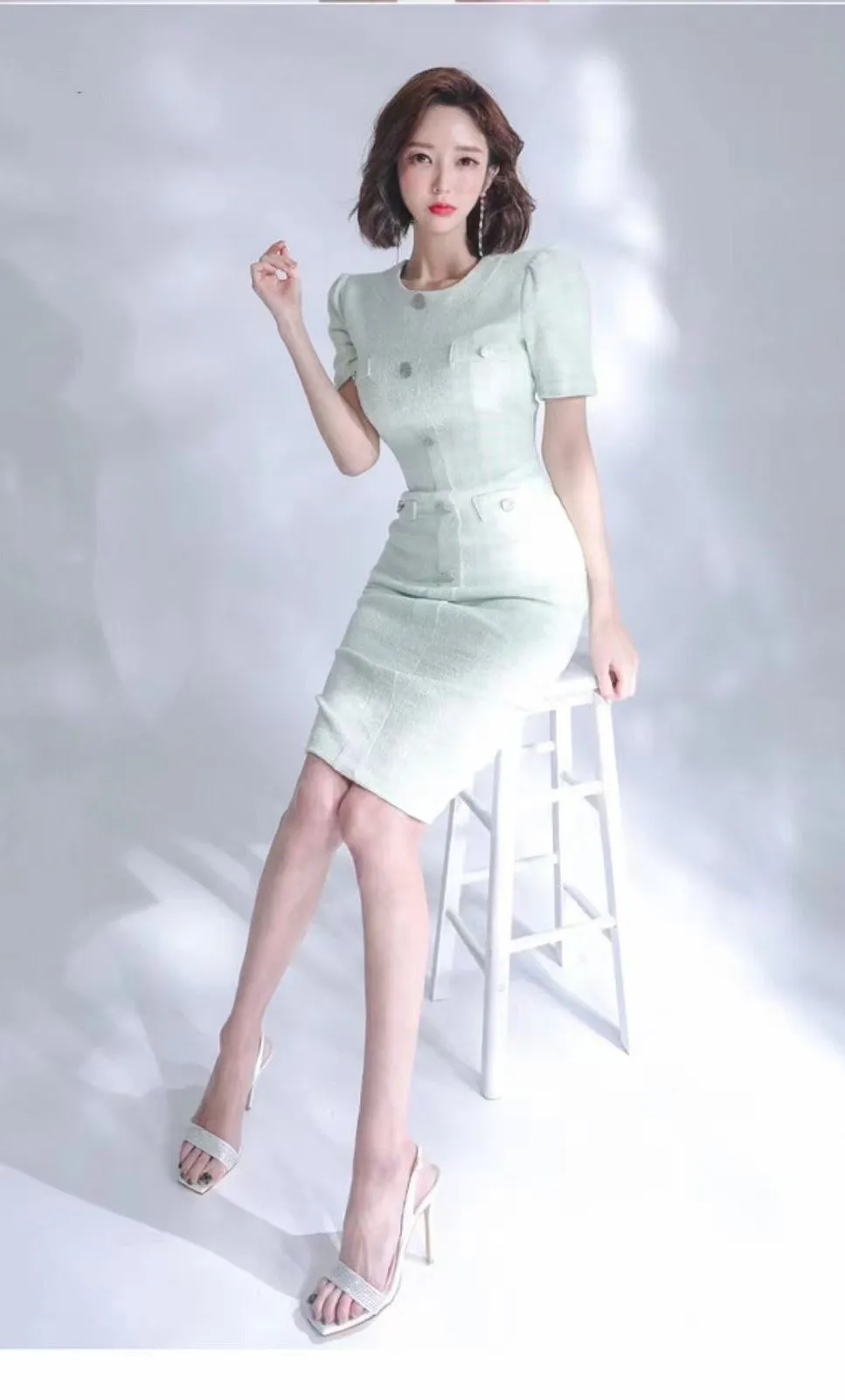 Mint Plaid Silver Button Midi Dress
