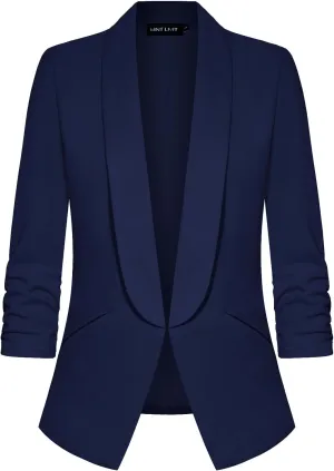 MINTLIMIT Women 3/4 Ruched Sleeve Shawl Lapel Blazer Open Front Casual Work Office Blazers Lightweight Jacket with Pockets