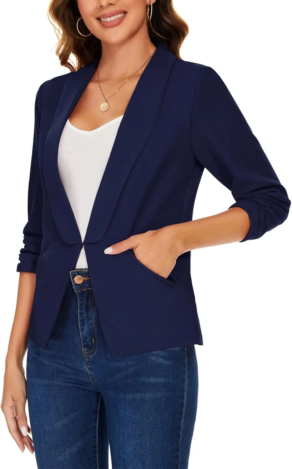 MINTLIMIT Women 3/4 Ruched Sleeve Shawl Lapel Blazer Open Front Casual Work Office Blazers Lightweight Jacket with Pockets