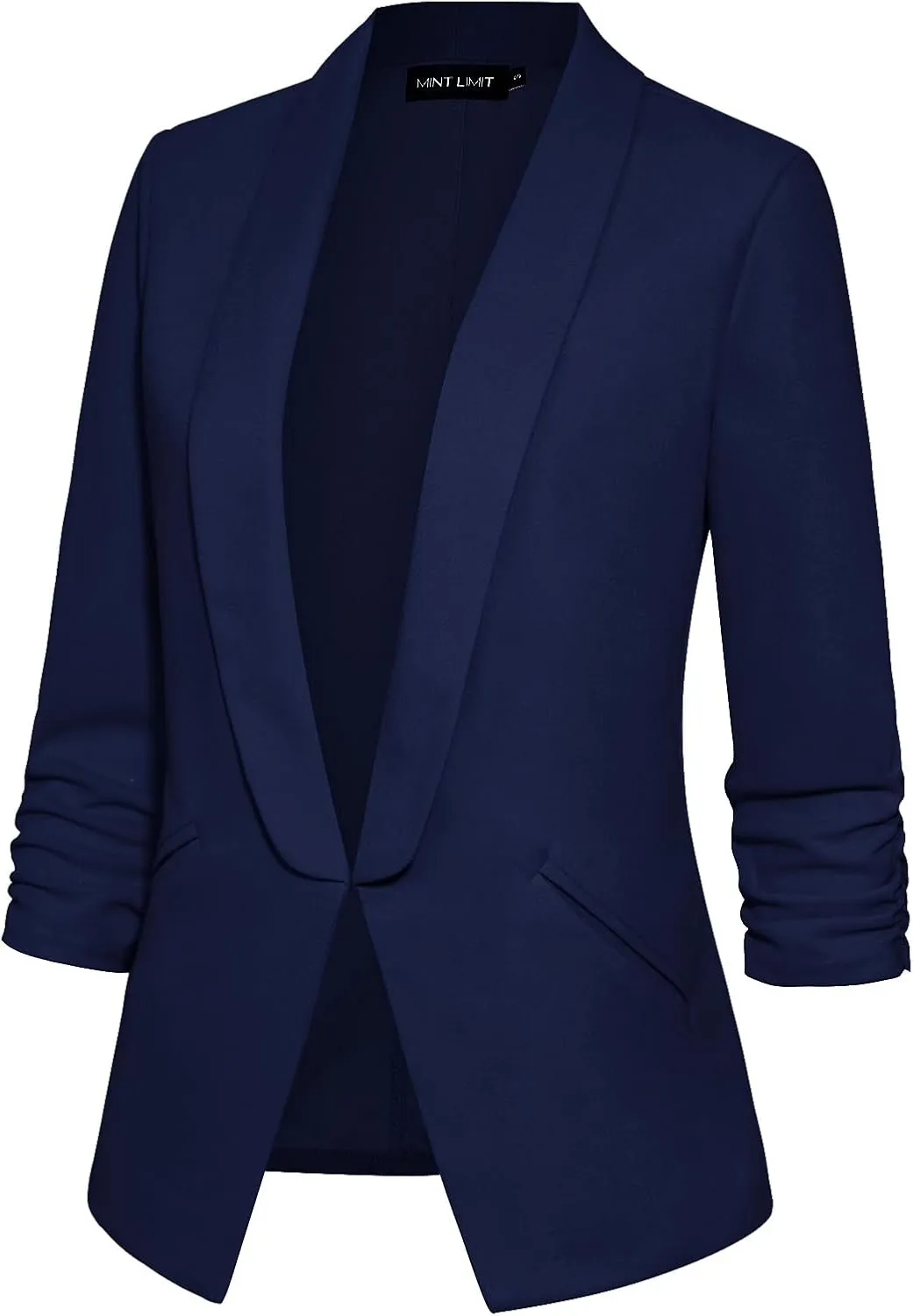 MINTLIMIT Women 3/4 Ruched Sleeve Shawl Lapel Blazer Open Front Casual Work Office Blazers Lightweight Jacket with Pockets