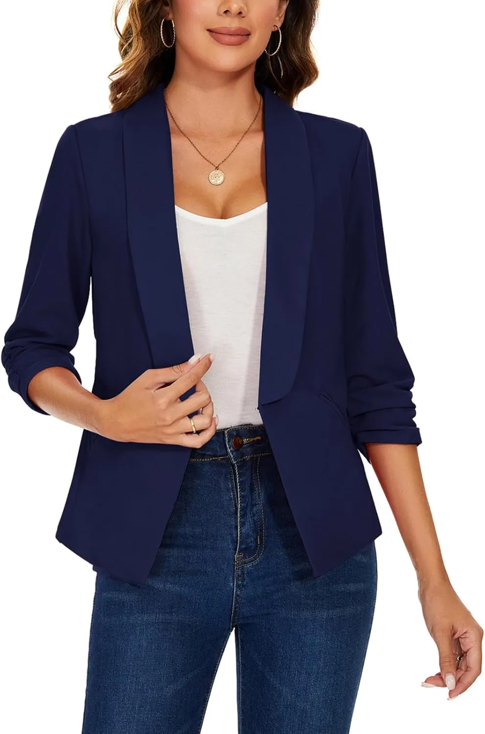 MINTLIMIT Women 3/4 Ruched Sleeve Shawl Lapel Blazer Open Front Casual Work Office Blazers Lightweight Jacket with Pockets