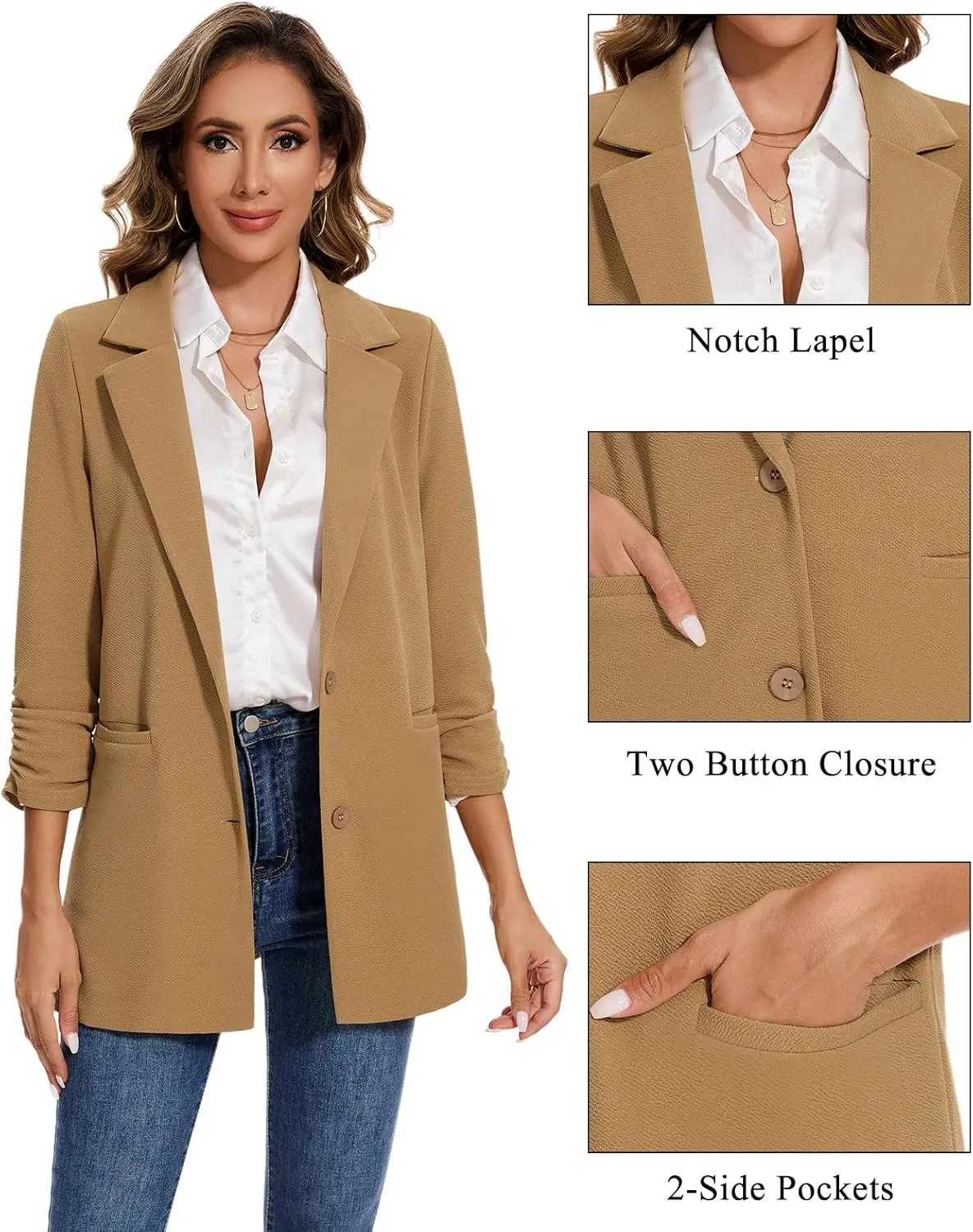MINTLIMIT Women's Casual Long Blazer 3/4 Ruched Sleeve Lapel Button Front Work Office Blazers Suit Jacket with Pockets