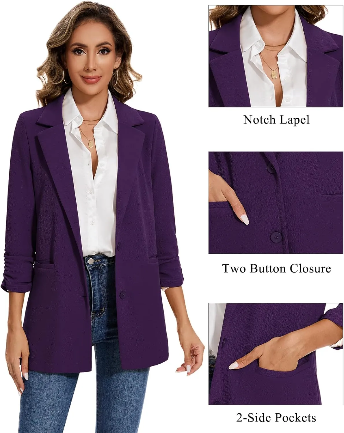 MINTLIMIT Women's Casual Long Blazer 3/4 Ruched Sleeve Lapel Button Front Work Office Blazers Suit Jacket with Pockets
