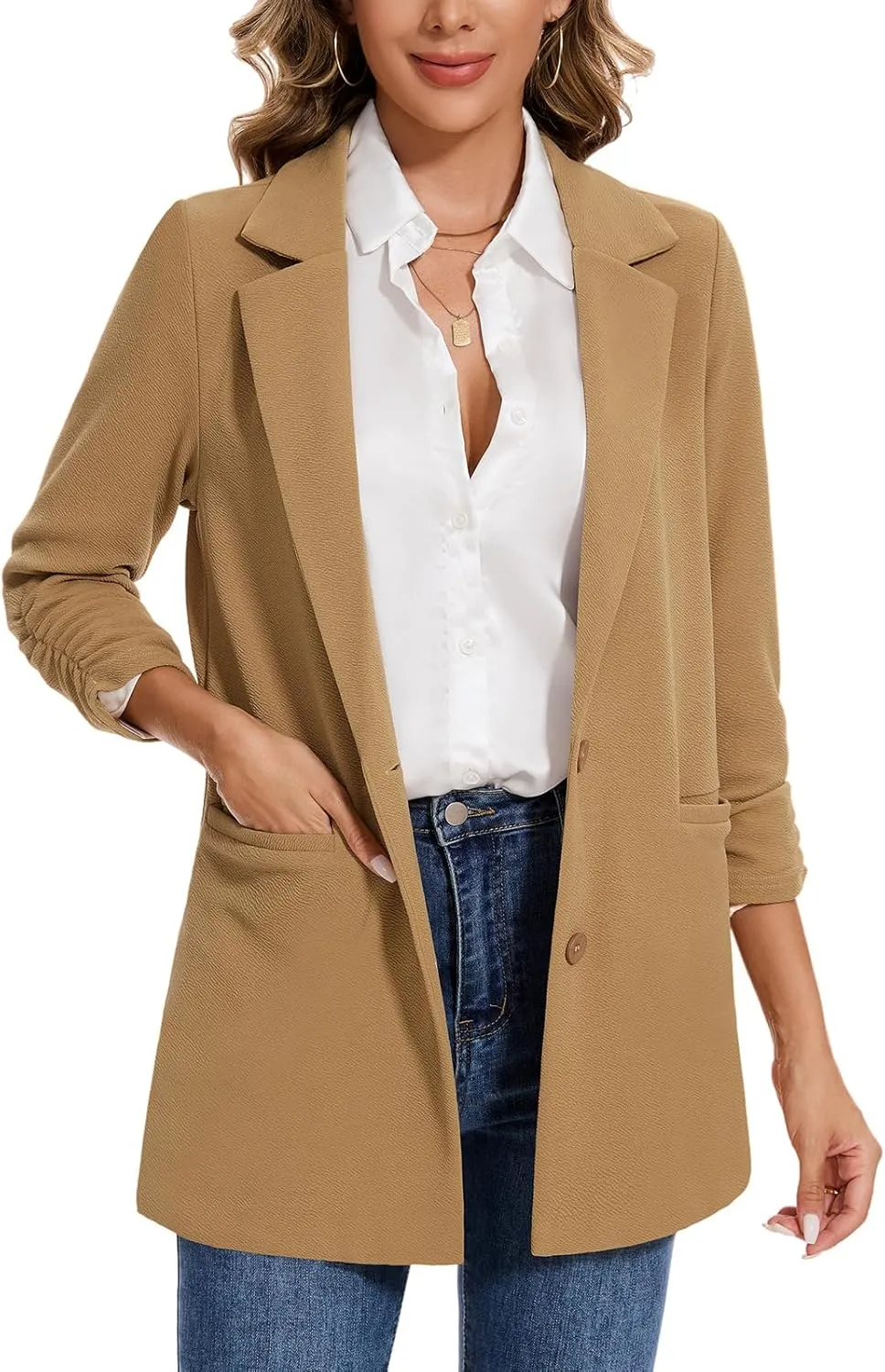 MINTLIMIT Women's Casual Long Blazer 3/4 Ruched Sleeve Lapel Button Front Work Office Blazers Suit Jacket with Pockets