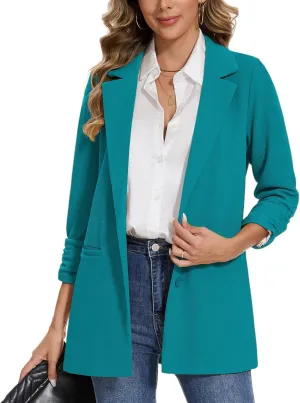 MINTLIMIT Women's Casual Long Blazer 3/4 Ruched Sleeve Lapel Button Front Work Office Blazers Suit Jacket with Pockets