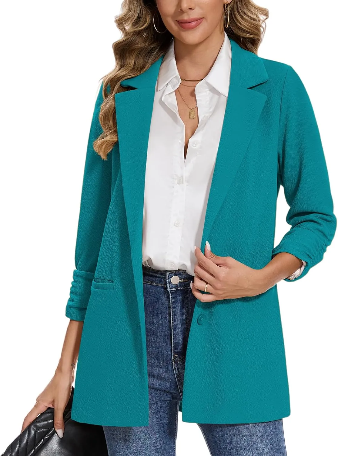 MINTLIMIT Women's Casual Long Blazer 3/4 Ruched Sleeve Lapel Button Front Work Office Blazers Suit Jacket with Pockets