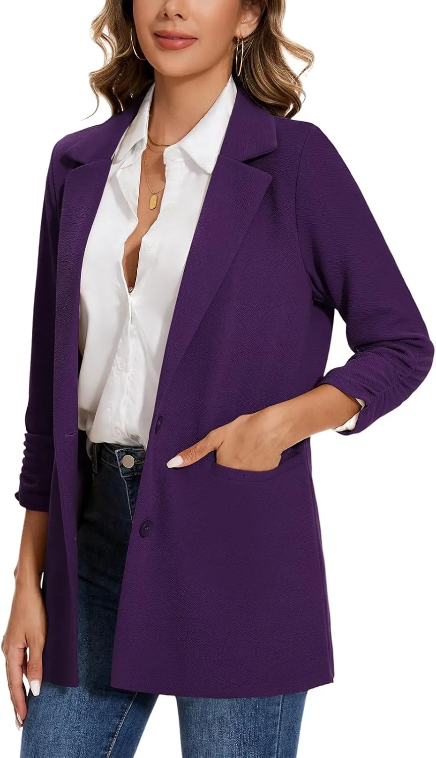 MINTLIMIT Women's Casual Long Blazer 3/4 Ruched Sleeve Lapel Button Front Work Office Blazers Suit Jacket with Pockets
