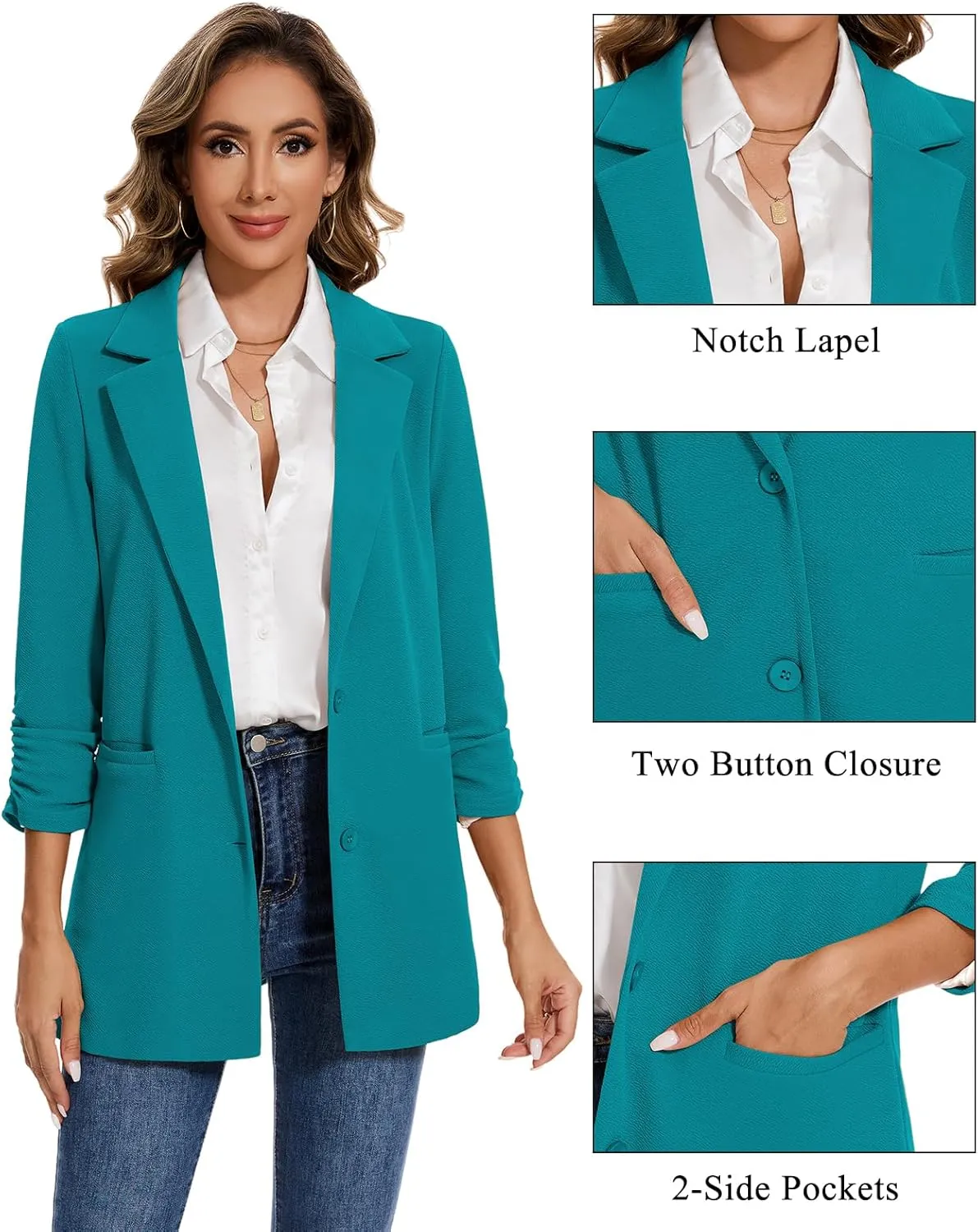 MINTLIMIT Women's Casual Long Blazer 3/4 Ruched Sleeve Lapel Button Front Work Office Blazers Suit Jacket with Pockets