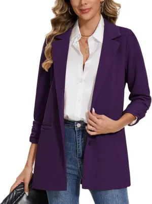 MINTLIMIT Women's Casual Long Blazer 3/4 Ruched Sleeve Lapel Button Front Work Office Blazers Suit Jacket with Pockets