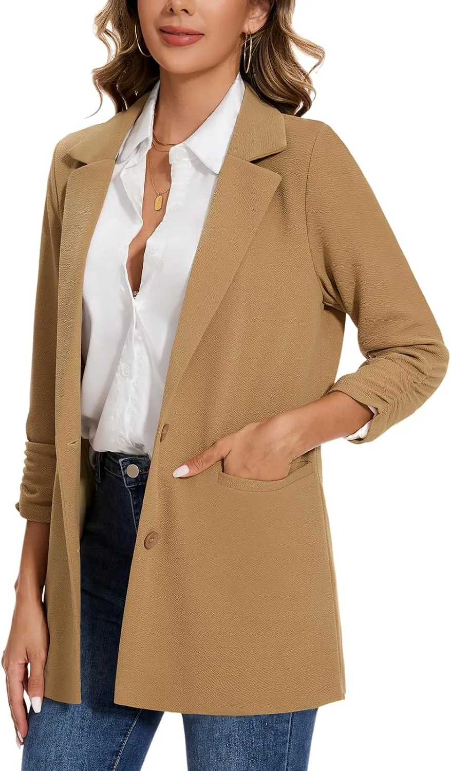 MINTLIMIT Women's Casual Long Blazer 3/4 Ruched Sleeve Lapel Button Front Work Office Blazers Suit Jacket with Pockets