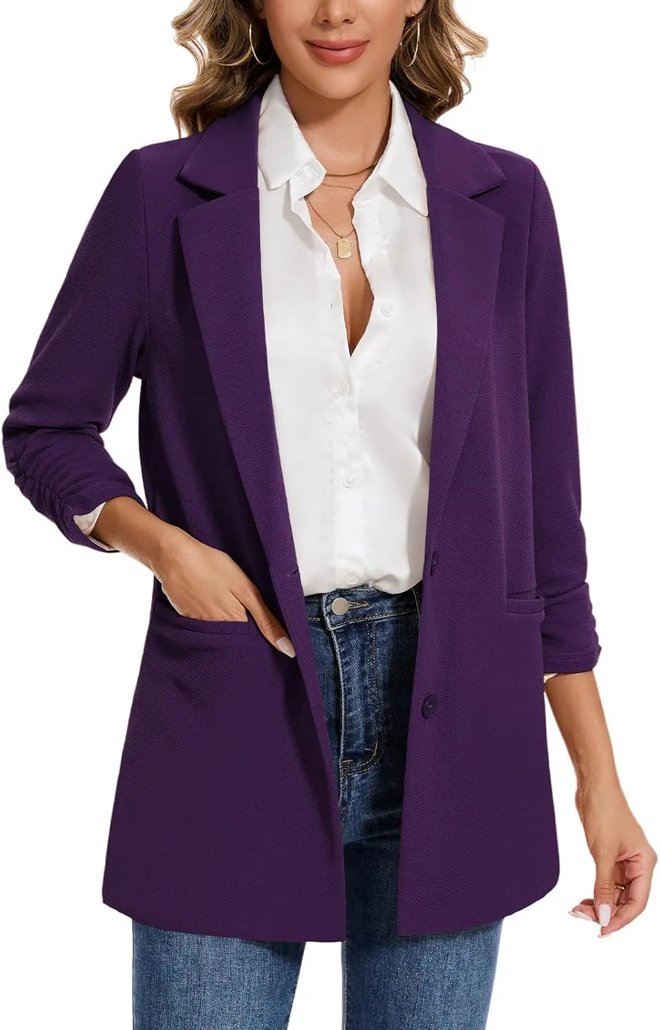 MINTLIMIT Women's Casual Long Blazer 3/4 Ruched Sleeve Lapel Button Front Work Office Blazers Suit Jacket with Pockets