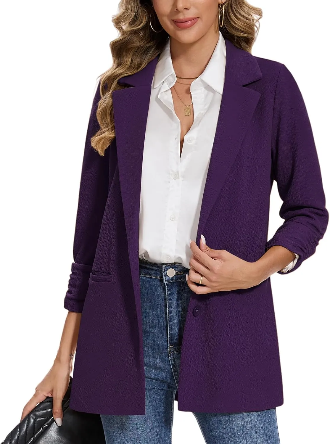 MINTLIMIT Women's Casual Long Blazer 3/4 Ruched Sleeve Lapel Button Front Work Office Blazers Suit Jacket with Pockets