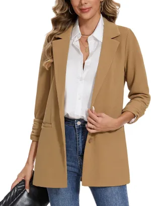 MINTLIMIT Women's Casual Long Blazer 3/4 Ruched Sleeve Lapel Button Front Work Office Blazers Suit Jacket with Pockets