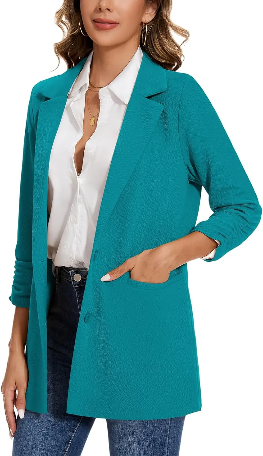 MINTLIMIT Women's Casual Long Blazer 3/4 Ruched Sleeve Lapel Button Front Work Office Blazers Suit Jacket with Pockets