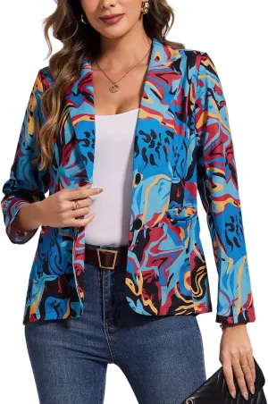 MINTLIMIT Women's Graphic Print Blazer Casual Long Sleeve Notch Lapel Button Open Front Colorful Jacket Blazers with Pockets