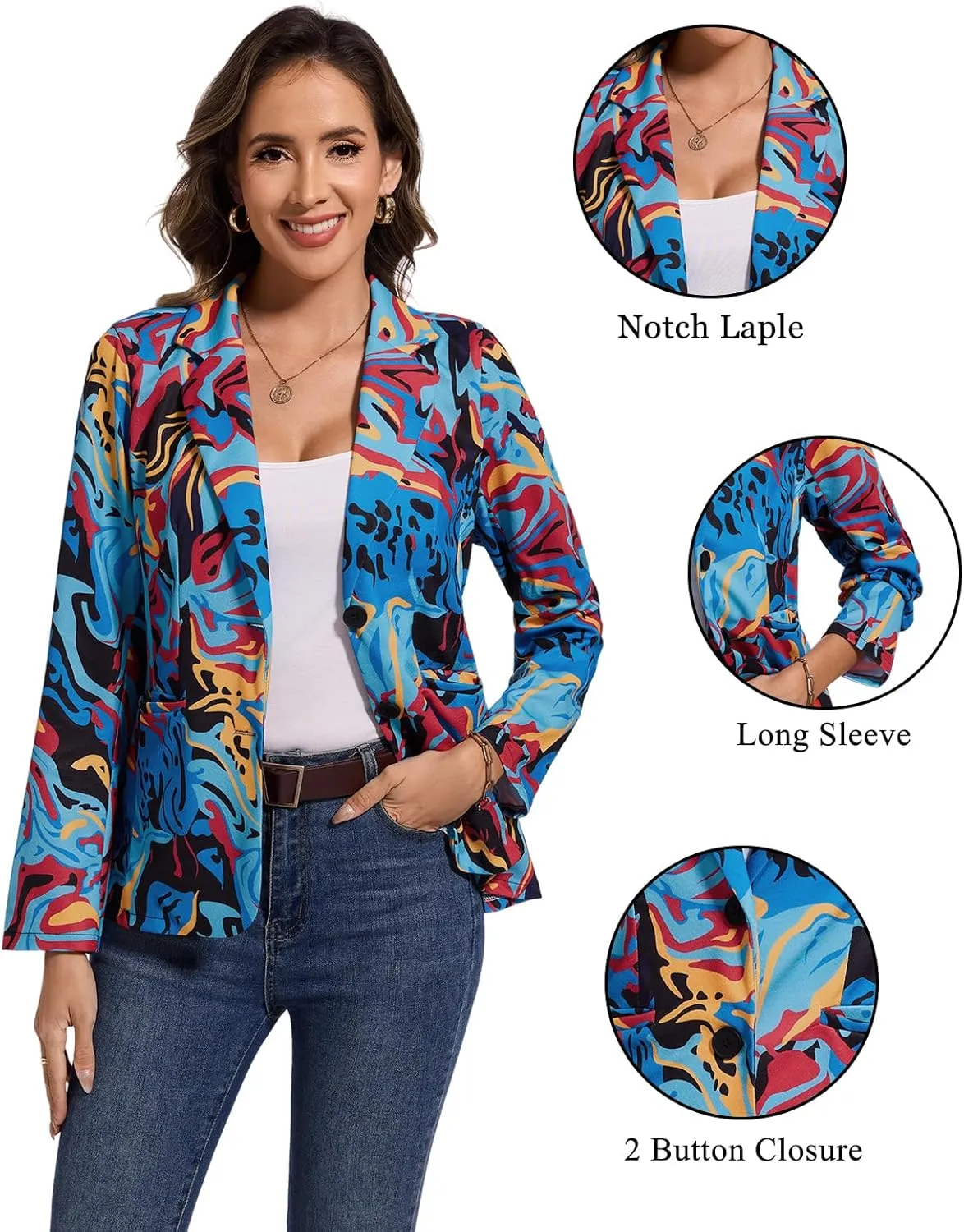MINTLIMIT Women's Graphic Print Blazer Casual Long Sleeve Notch Lapel Button Open Front Colorful Jacket Blazers with Pockets