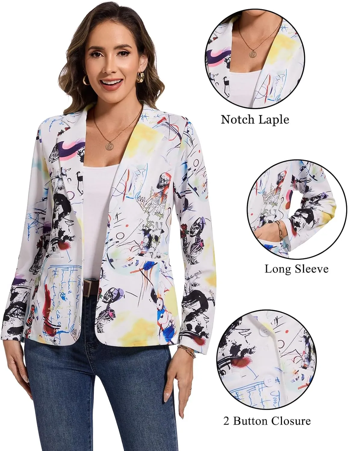 MINTLIMIT Women's Graphic Print Blazer Casual Long Sleeve Notch Lapel Button Open Front Colorful Jacket Blazers with Pockets