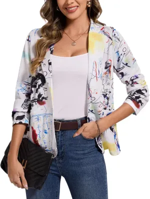 MINTLIMIT Women's Graphic Print Blazer Casual Long Sleeve Notch Lapel Button Open Front Colorful Jacket Blazers with Pockets