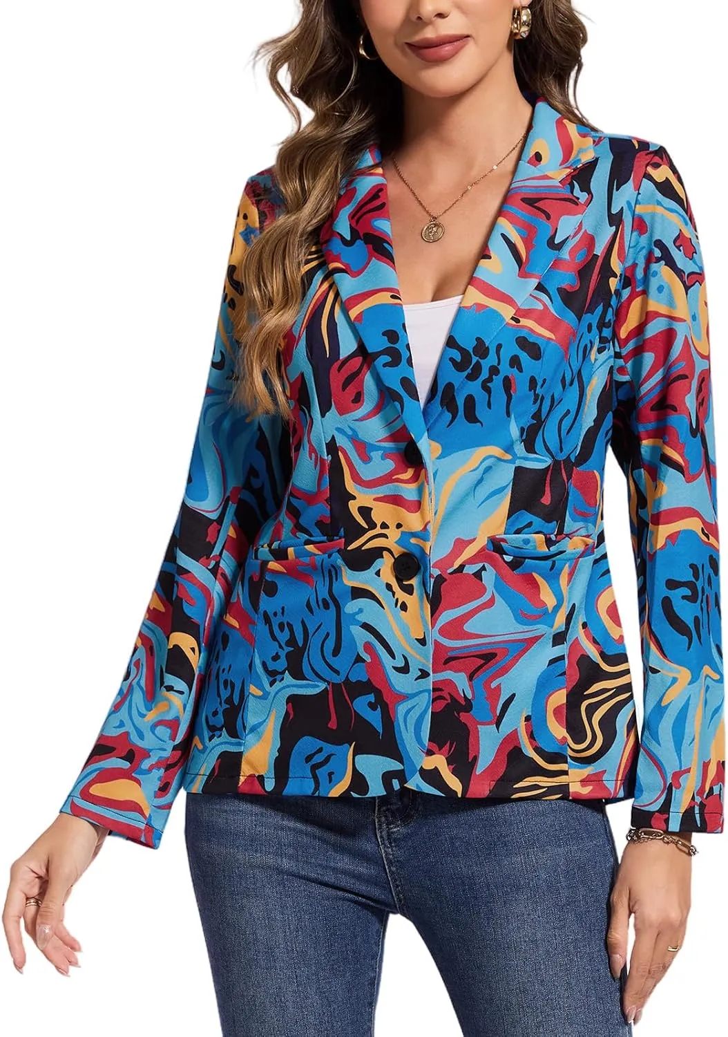 MINTLIMIT Women's Graphic Print Blazer Casual Long Sleeve Notch Lapel Button Open Front Colorful Jacket Blazers with Pockets