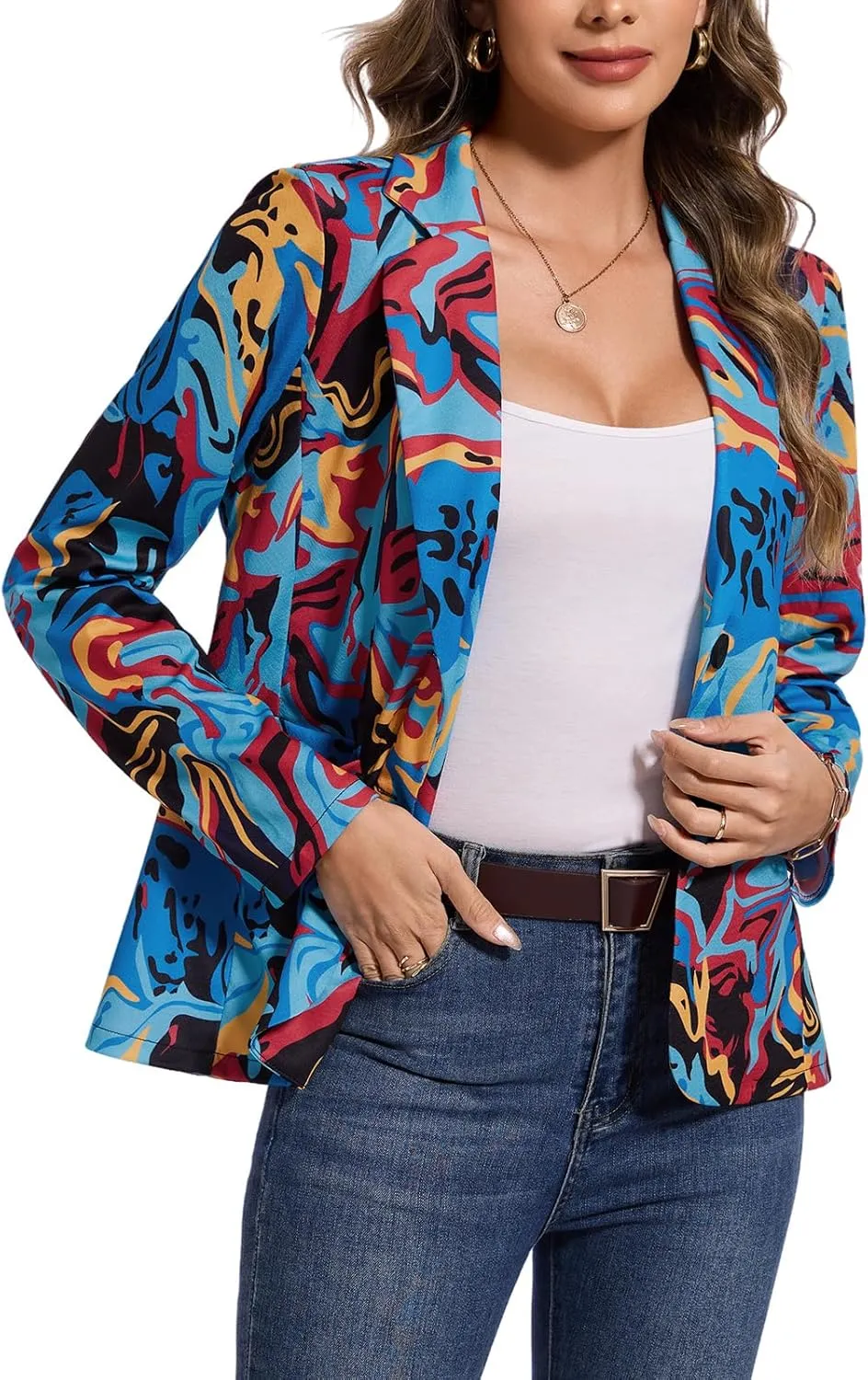 MINTLIMIT Women's Graphic Print Blazer Casual Long Sleeve Notch Lapel Button Open Front Colorful Jacket Blazers with Pockets