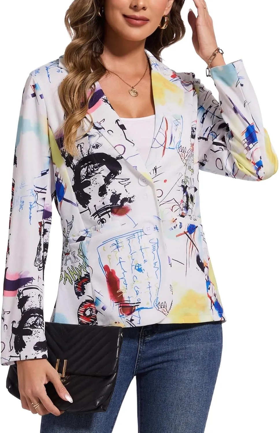 MINTLIMIT Women's Graphic Print Blazer Casual Long Sleeve Notch Lapel Button Open Front Colorful Jacket Blazers with Pockets
