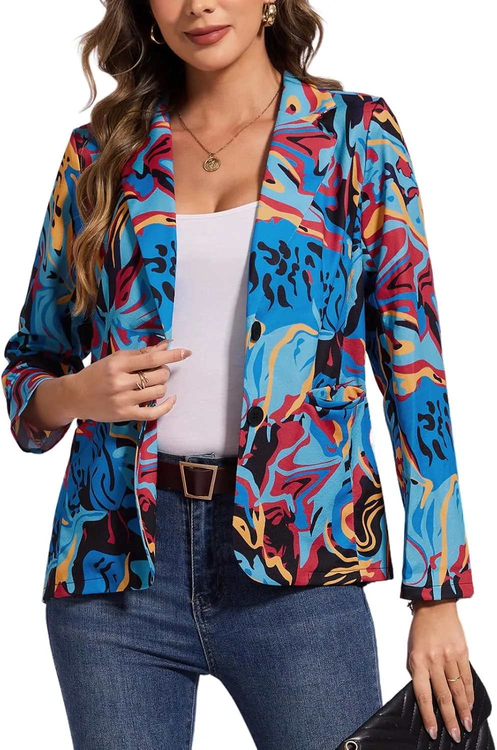 MINTLIMIT Women's Graphic Print Blazer Casual Long Sleeve Notch Lapel Button Open Front Colorful Jacket Blazers with Pockets