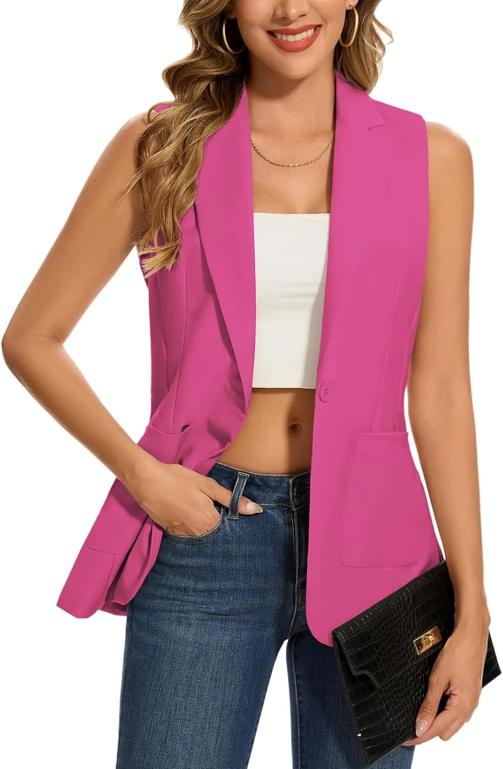 MINTLIMIT Women's Sleeveless Blazer Vest Summer Casual Open Front Lapel Collar Work Office Button Suit Vests with Pockets