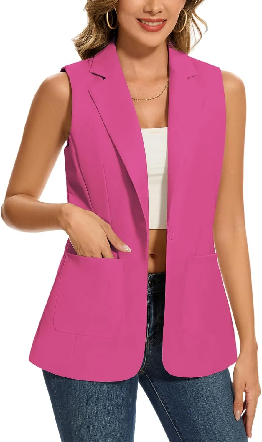 MINTLIMIT Women's Sleeveless Blazer Vest Summer Casual Open Front Lapel Collar Work Office Button Suit Vests with Pockets