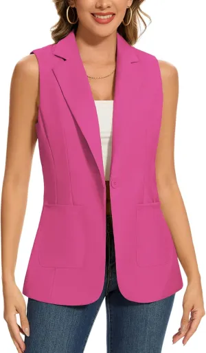 MINTLIMIT Women's Sleeveless Blazer Vest Summer Casual Open Front Lapel Collar Work Office Button Suit Vests with Pockets