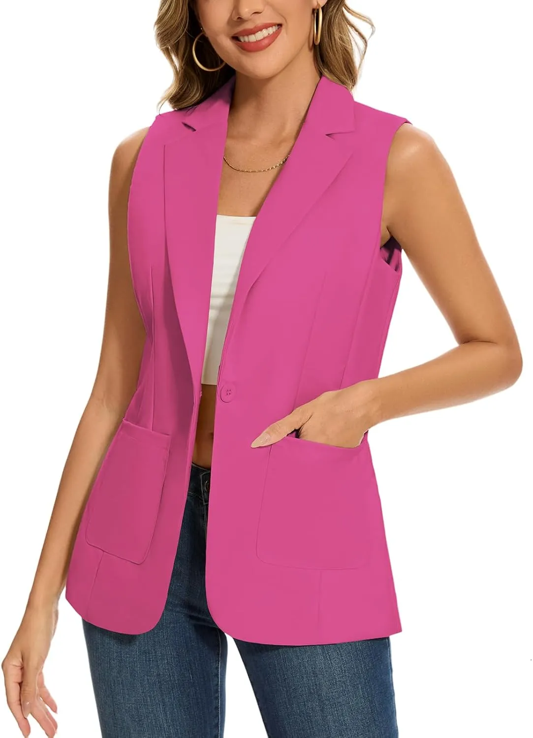 MINTLIMIT Women's Sleeveless Blazer Vest Summer Casual Open Front Lapel Collar Work Office Button Suit Vests with Pockets