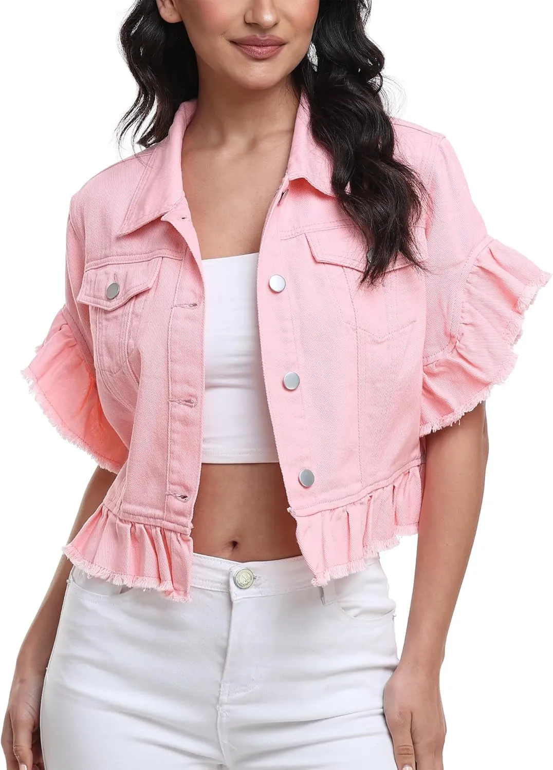 MISS MOLY Women's Denim Jacket Ruffle Sleeve Button Down Distressed Summer Cropped Jean Jackets