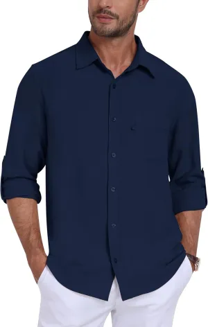 MoFiz Mens Button Down Shirts Long Sleeve Casual Linen Shirts with Pockets Beach Vacation Spring Shrits